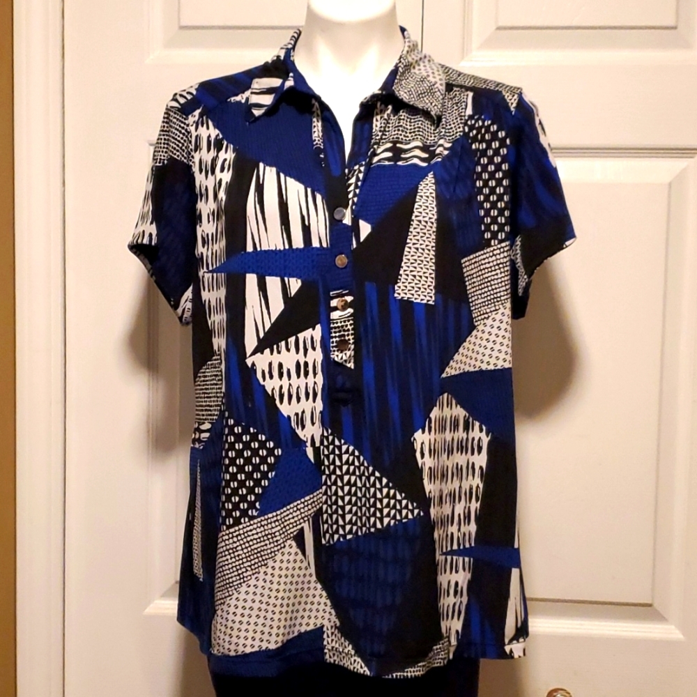 Alfani Women's Geometric Figures Black/Blue Top - Size 2X